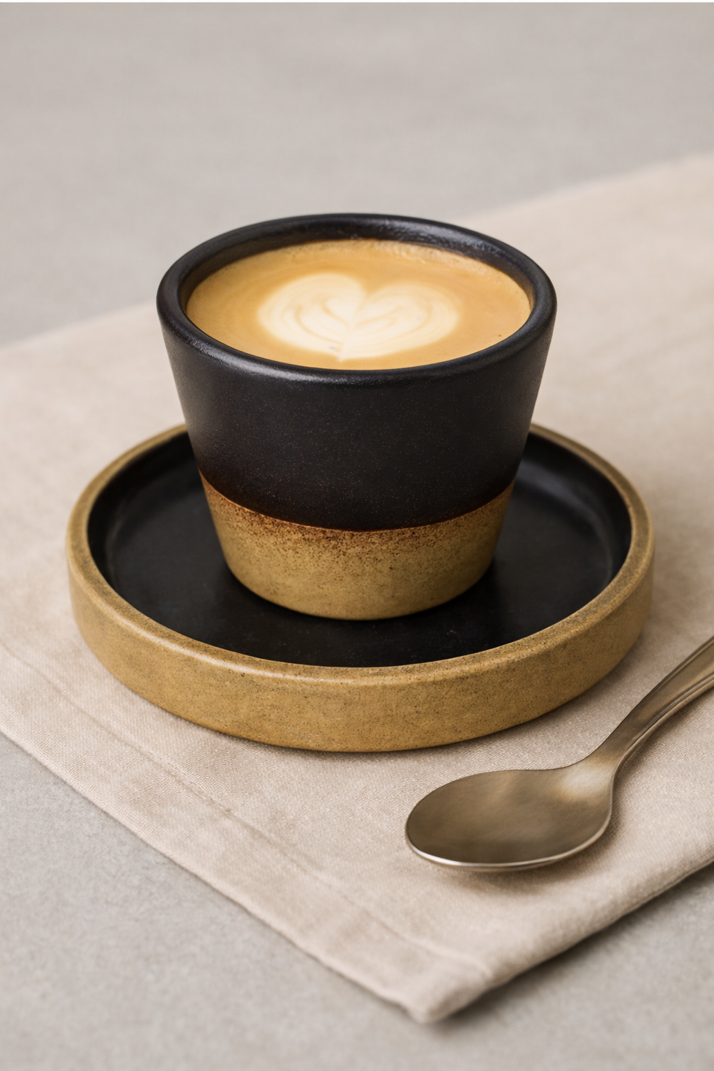 Ceramic cup with a latte on a wooden coaster with a spoon on a beige cloth.