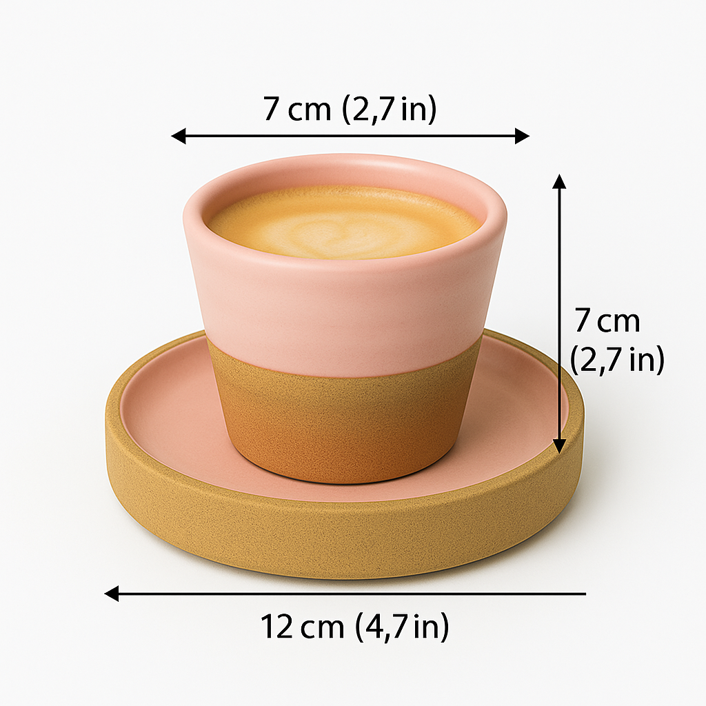 TMH Handmade Artisan Ceramic Coffee Cup with saucer -Pink and Sand Brown- 160 ml