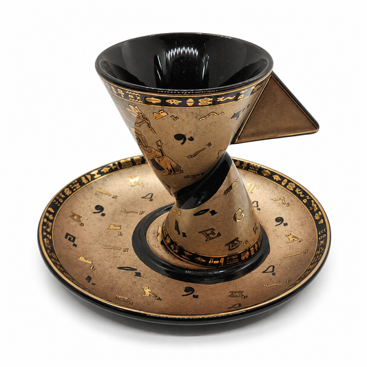 A vintage-style ceramic coffee cuptfeaturing a conical shape and matching saucer with a black and gold design, photographed on a clean white background.