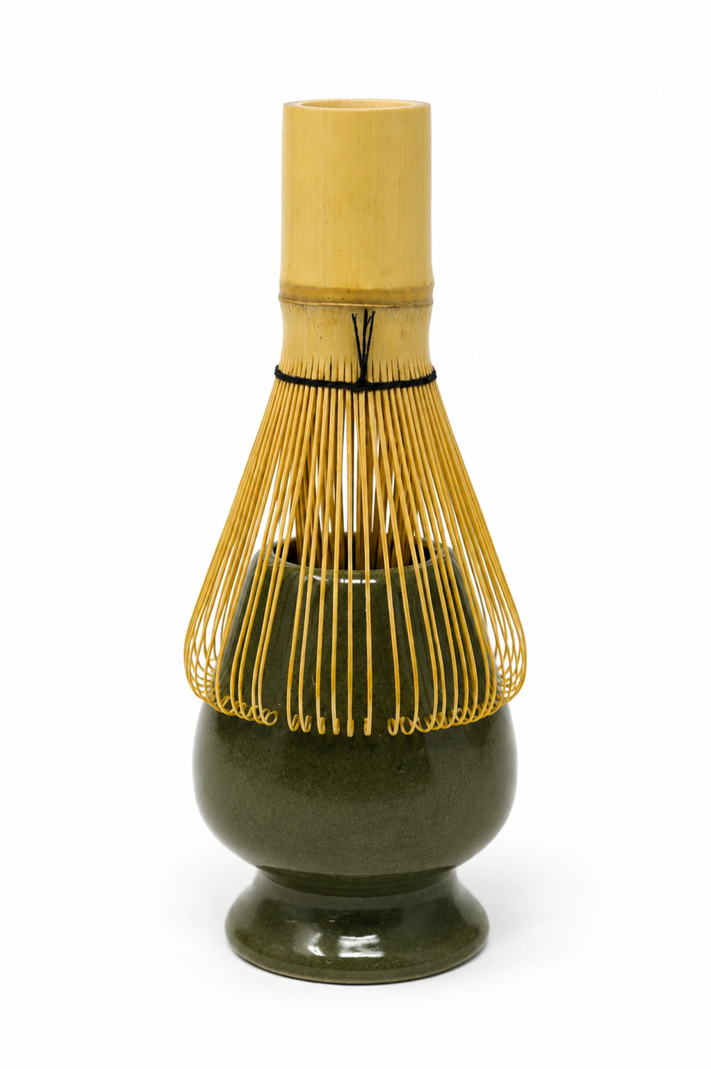 A traditional Japanese matcha whisk (chashaku) featuring a light natural bamboo top, a gold-colored metal whisking basket, and a dark green ceramic base, shown on a solid white background.
