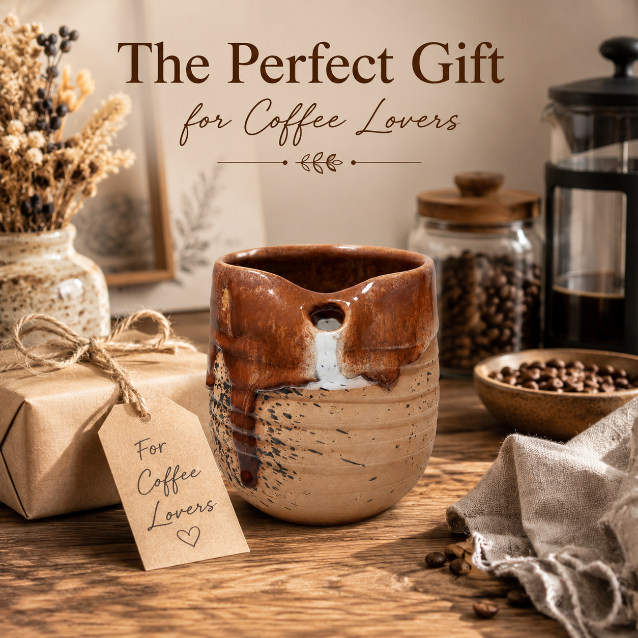 A ceramic coffee mug with a brown and beige glaze sits on a wooden table surrounded by coffee-themed props, including a wrapped gift box with a tag reading 'For Coffee Lovers,' dried flowers, coffee beans in jars, and a cloth. Text at the top reads 'The Perfect Gift for Coffee Lovers.