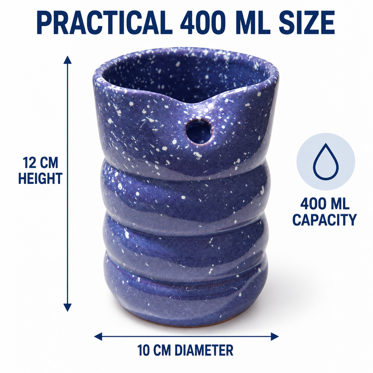 A blue speckled ceramic pitcher with a small pouring hole, shown with measurement arrows and text indicating 12 cm height, 10 cm diameter, and 400 ml capacity on a white background.