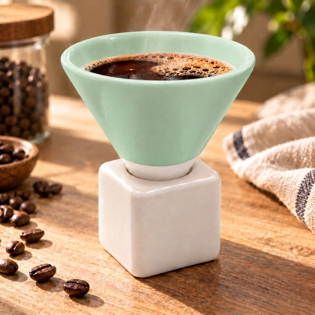 Handmade Egyptian Pottery Coffee Cup with Cube Stand – 110 ml - Mint Green & White
