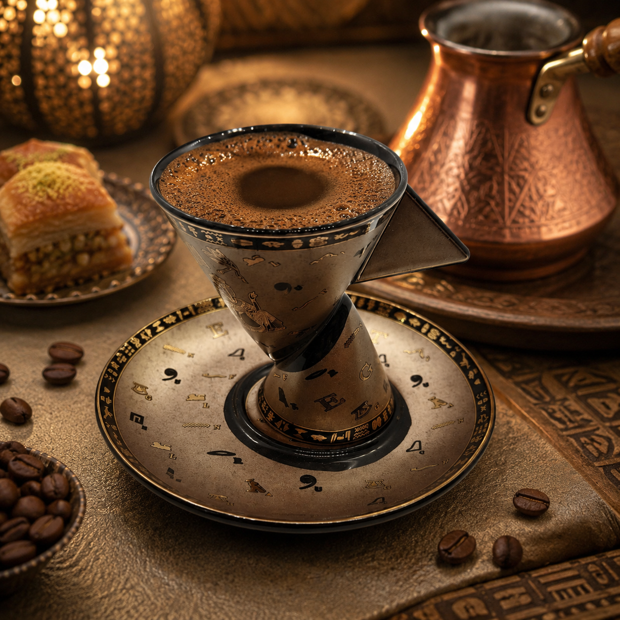 A coffee set with a cone-shaped cup filled with dark coffee on a patterned saucer, surrounded by roasted coffee beans, a copper cezve, and a pastry on a warm, decorative table setting.