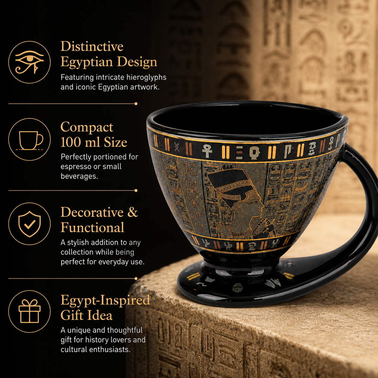 Black ceramic Egyptian-themed cup with gold hieroglyphic designs, shown on a stone pedestal with promotional text highlighting its compact 100 ml size, distinctive design, and gift appeal.