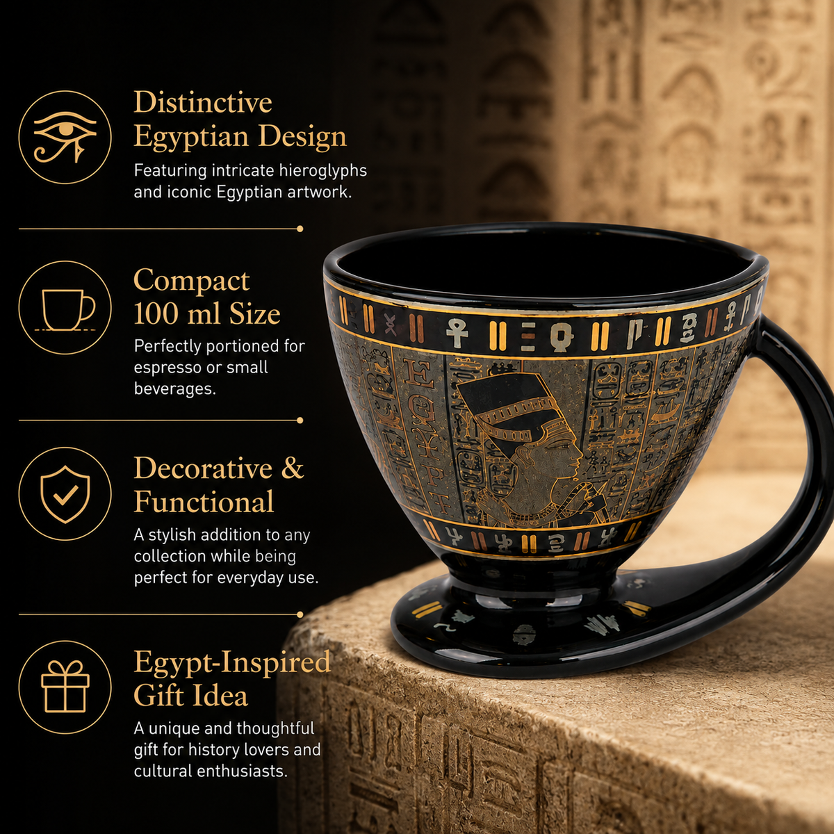 Black ceramic Egyptian-themed cup with gold hieroglyphic designs, shown on a stone pedestal with promotional text highlighting its compact 100 ml size, distinctive design, and gift appeal.