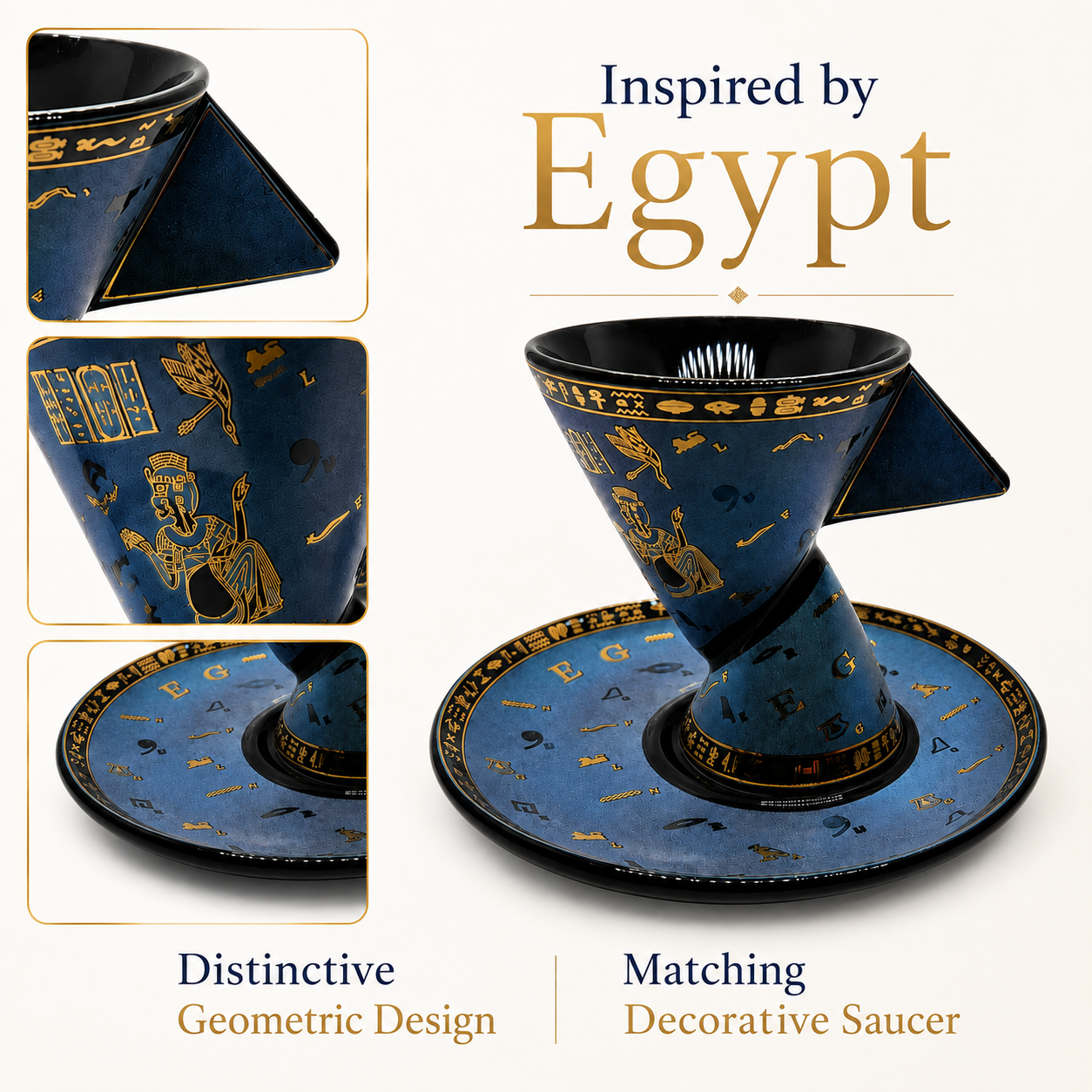 Egyptian-inspired ceramic coffee cup  with a blue and gold decorated cone shape and matching saucer, shown on a light beige background with inset detail views and text reading 'Inspired by Egypt'.