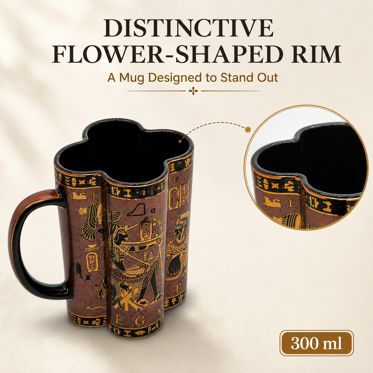 A flower-shaped ceramic mug with an Egyptian-themed black and gold design, shown on a beige background with promotional text and a circular detail inset.