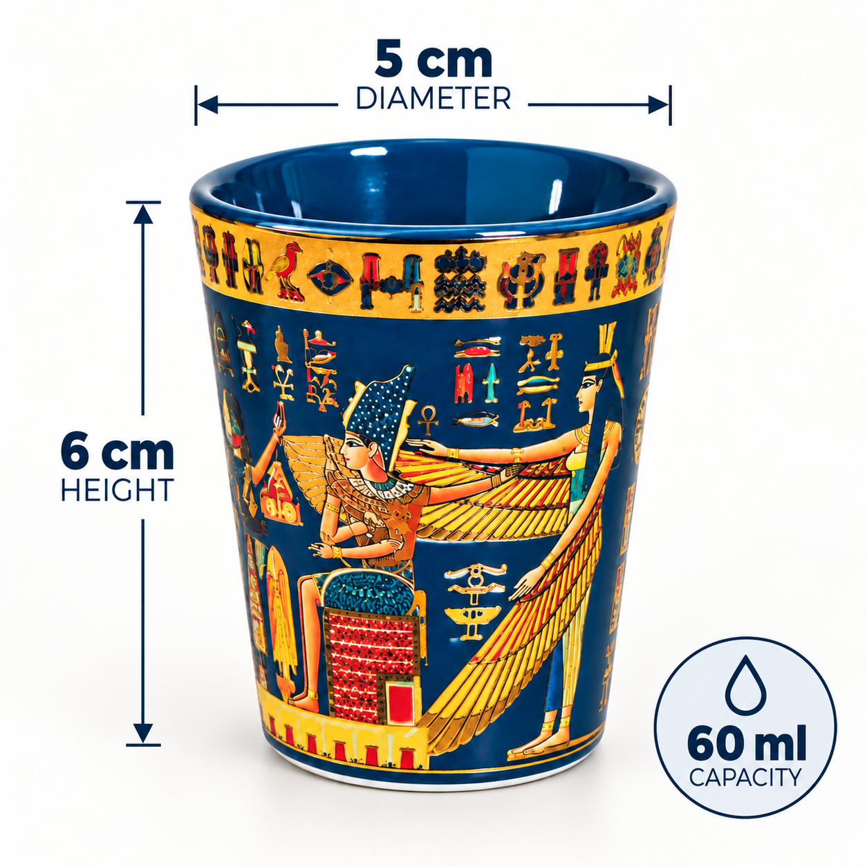 An Egyptian-themed ceramic cup with a dark blue background and colorful hieroglyphic illustrations, shown with dimension labels indicating 5 cm diameter, 6 cm height, and 60 ml capacity.