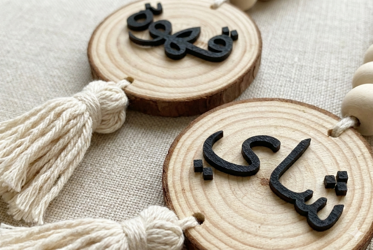 Wooden circular decorations with Arabic text and tassels on a textured surface