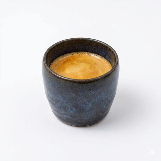Ceramic cup with a dark blue exterior and brown interior on a white background