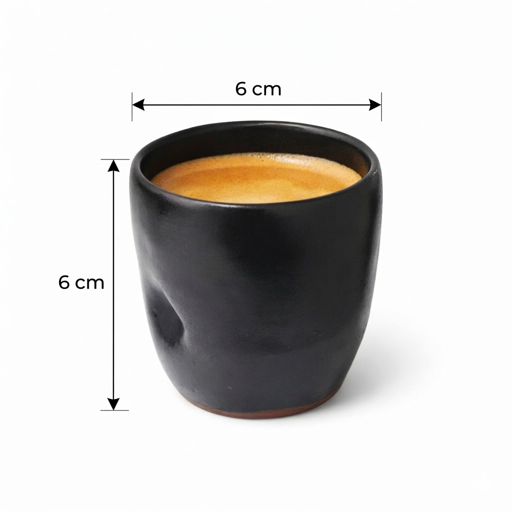Black ceramic cup with a measurement label on a white background