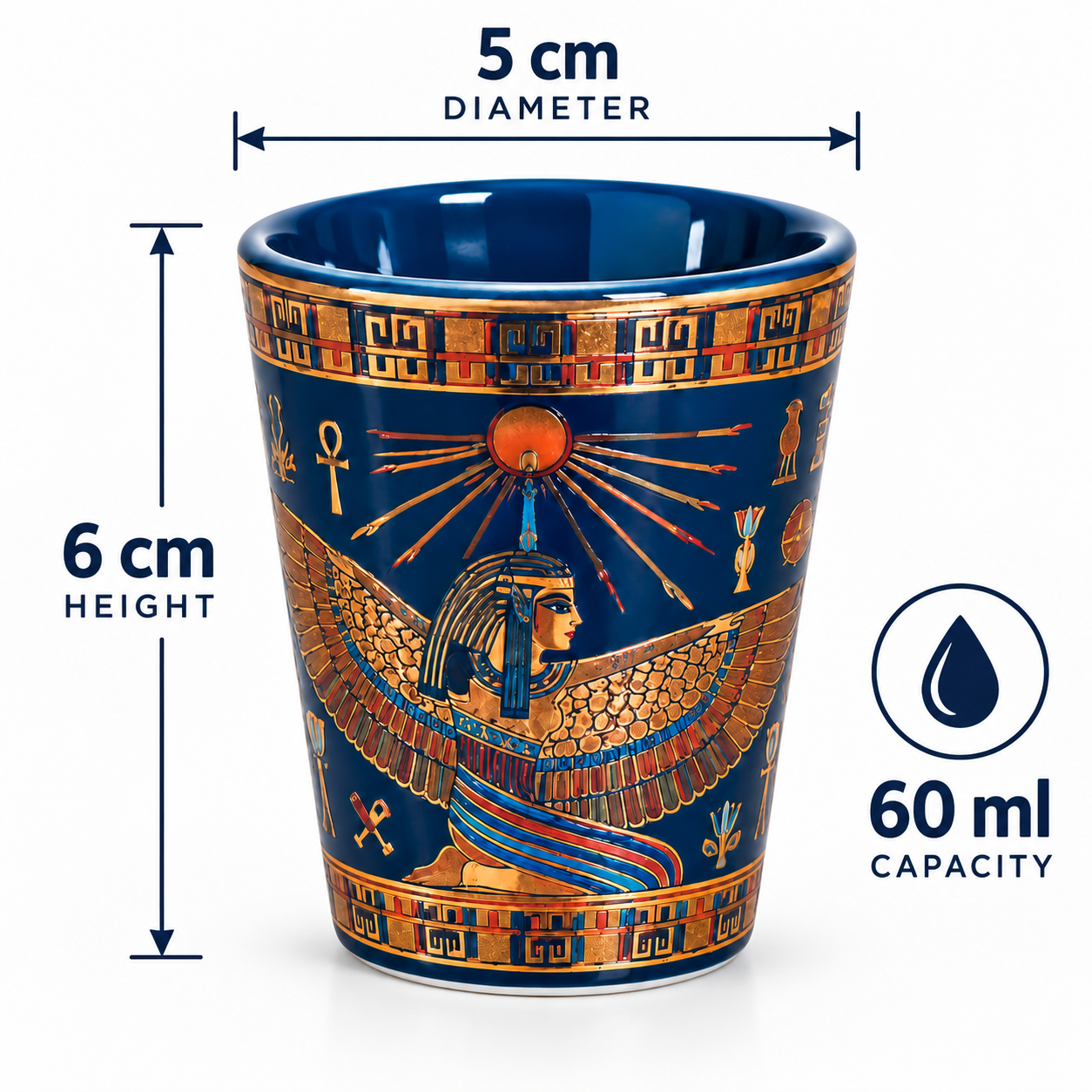 An Egyptian-themed ceramic cup with a dark blue background and gold, red, and white hieroglyphic artwork, shown with dimension labels indicating 5 cm diameter, 6 cm height, and 60 ml capacity.
