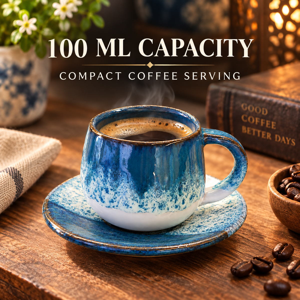 A ceramic coffee cup and saucer set in a warm, rustic coffee-themed setting. The cup is blue with a white speckled base and handles a dark coffee, with steam rising.
