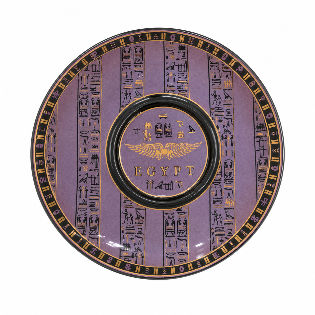 An Egyptian-themed saucer plaque featuring a purple background with black hieroglyphs, gold borders, and a central black medallion with gold wings and the word 'EGYPT'.