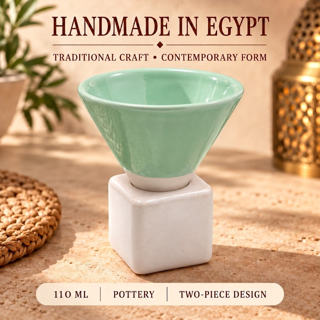 Handmade Egyptian Pottery Coffee Cup with Cube Stand – 110 ml - Mint Green & White