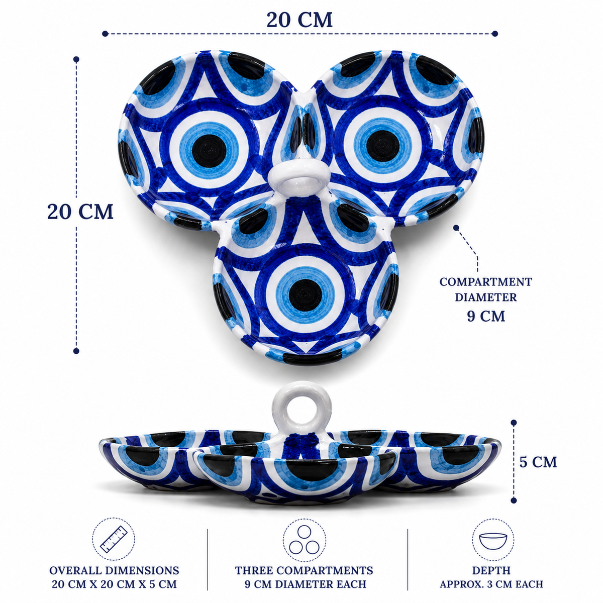 Three-compartment ceramic dish with a blue, white, black, and light blue evil eye pattern, shown with dimension lines and text indicating overall dimensions of 20 cm by 20 cm by 5 cm, and compartment diameter of 9 cm.