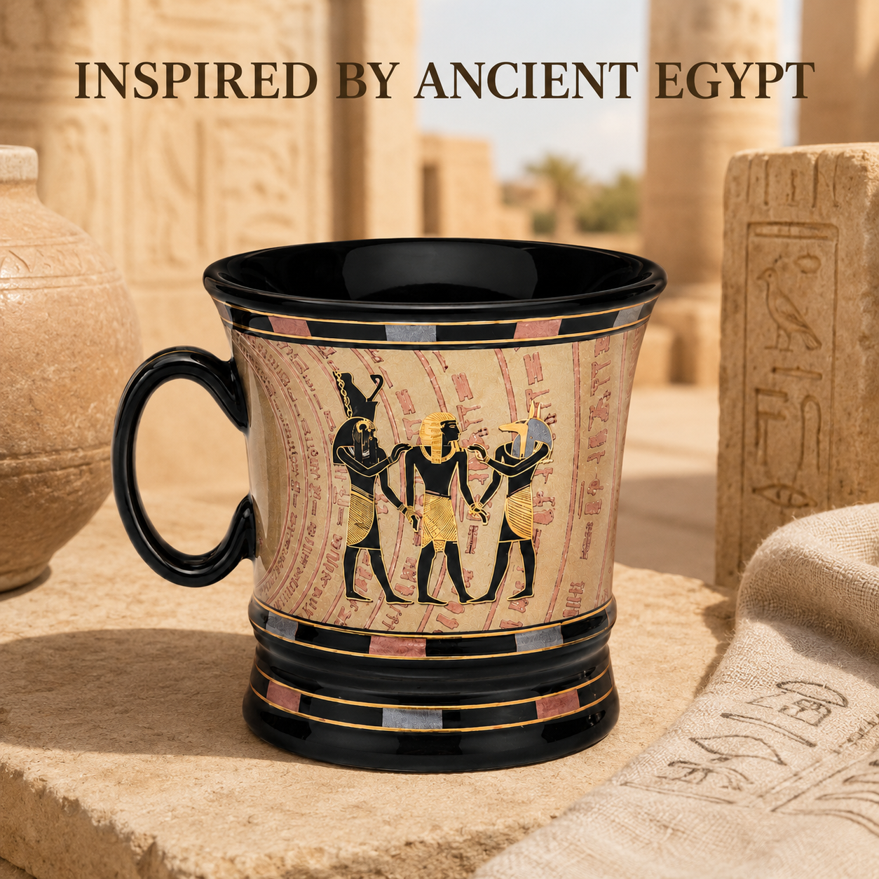 A black ceramic mug with an ancient Egyptian design, featuring hieroglyphic figures and papyrus-style artwork on a beige background, set against a backdrop of stone pillars and artifacts with the text 'INSPIRED BY ANCIENT EGYPT' at the top.