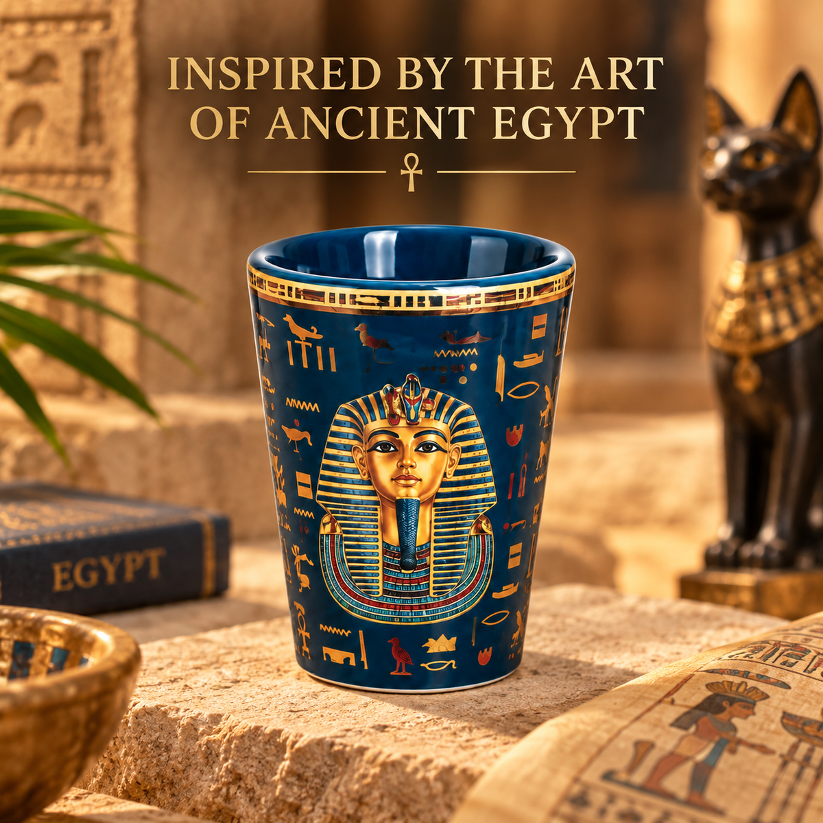 A dark blue ceramic cup with gold and beige Egyptian hieroglyphics and a pharaoh design, set on a stone surface with ancient-themed props including a cat statue, book, and papyrus in a warm, sunlit scene.