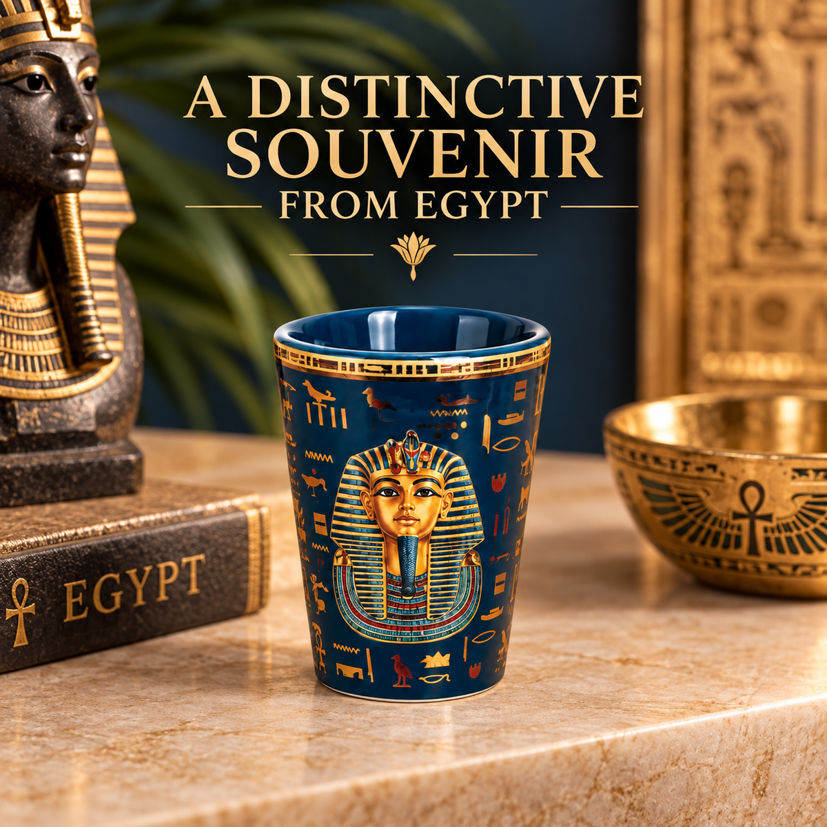 A dark blue ceramic souvenir cup with gold and beige Egyptian hieroglyphics and a pharaoh design, displayed on a marble surface with Egyptian-themed props and text overlay.