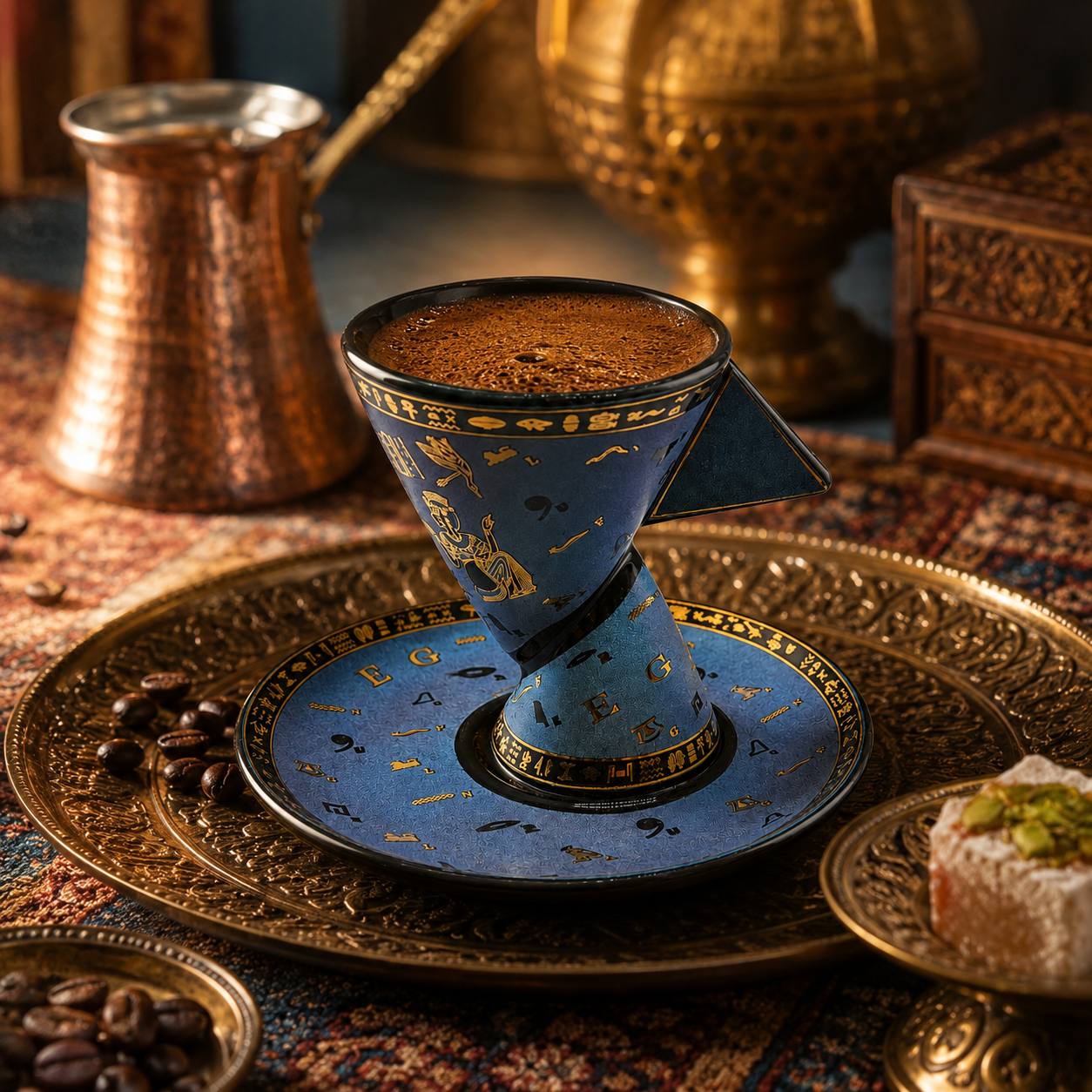 A blue and gold ceramic coffee cup and saucer set on an ornate brass tray, surrounded by coffee beans, a copper coffee pot, and a small dessert plate in a richly styled setting.