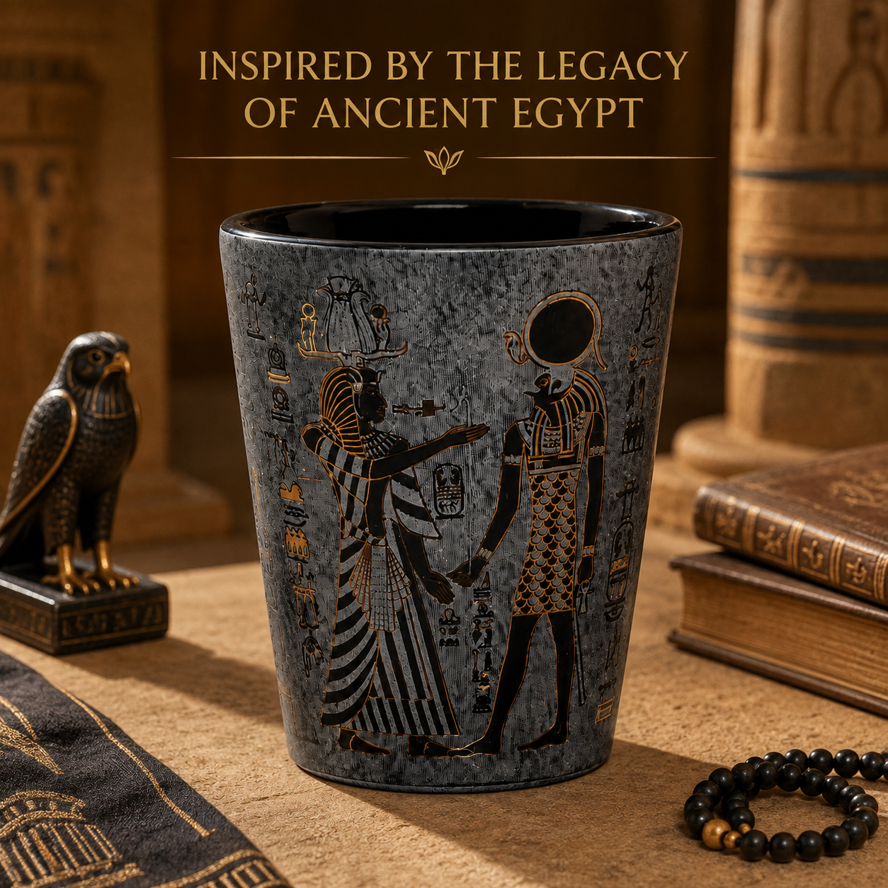 An Egyptian-themed ceramic cup with a dark gray textured glaze and gold-toned hieroglyphic illustrations, set on a wooden surface with ancient books, a beaded bracelet, and a small bird figurine nearby. Text at the top reads 'INSPIRED BY THE LEGACY OF ANCIENT EGYPT'.