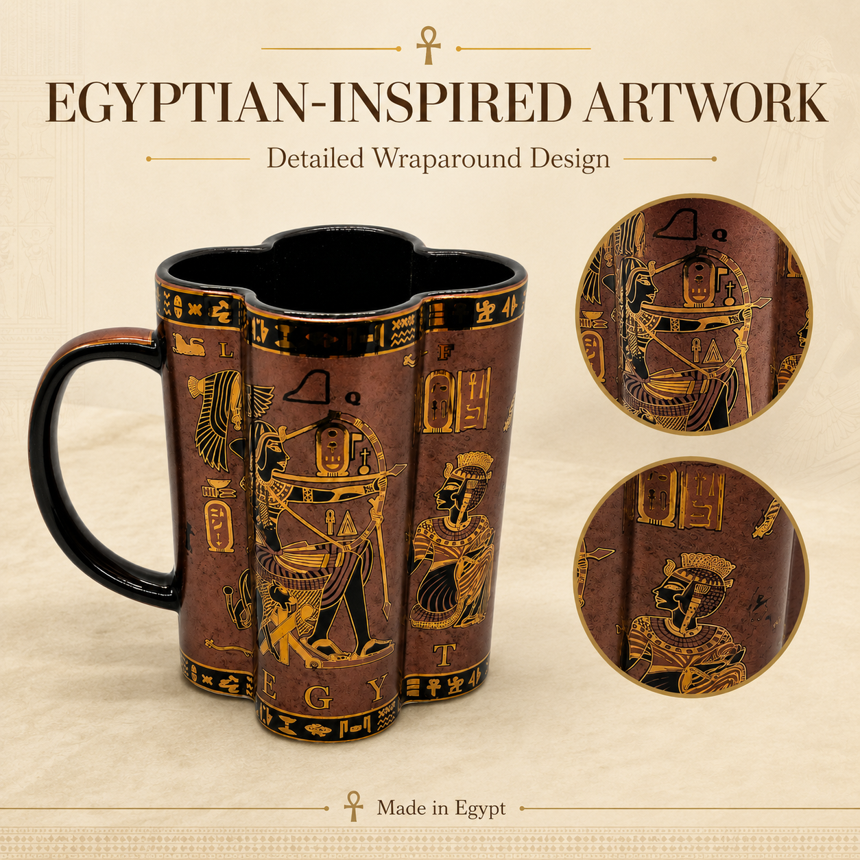 Egyptian-inspired ceramic mug with a detailed wraparound design featuring ancient Egyptian figures, hieroglyphs, and symbols in gold on a dark brown background. The image includes two circular detail insets and text overlays reading 'EGYPTIAN-INSPIRED ARTWORK' and 'Detailed Wraparound Design'.