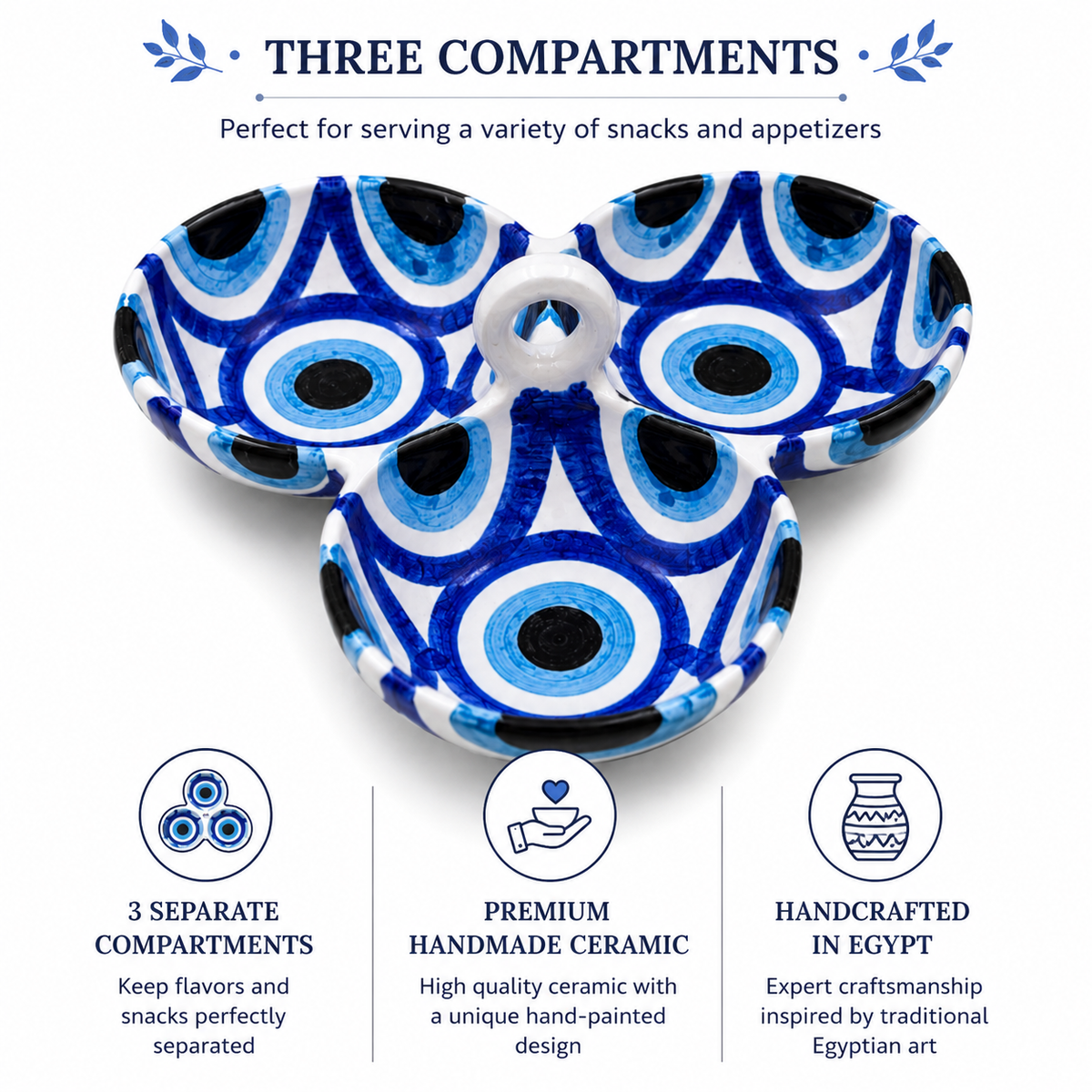 Three-compartment ceramic appetizer bowls with a blue, black, and white evil eye pattern, presented on a white background with descriptive text and icons.