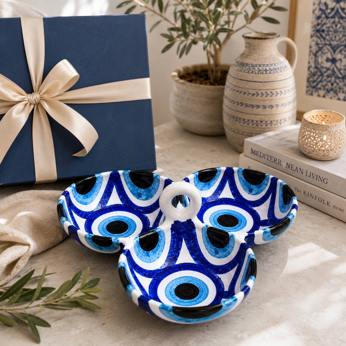 A decorative ceramic tray with a three-hole Mickey Mouse silhouette and a blue, black, and white evil eye pattern, styled on a tabletop next to a navy gift box, books, and home decor.