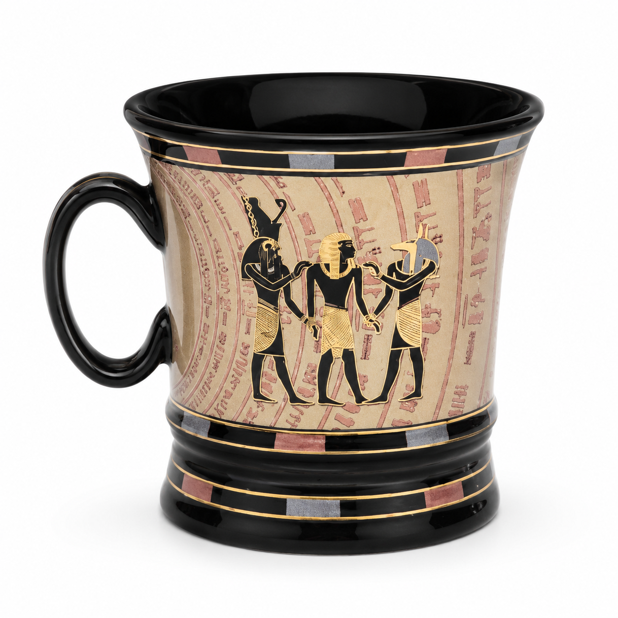 A black ceramic mug with an ancient Egyptian design, featuring a beige band with black and gold figures and hieroglyphs, set against a plain white background.