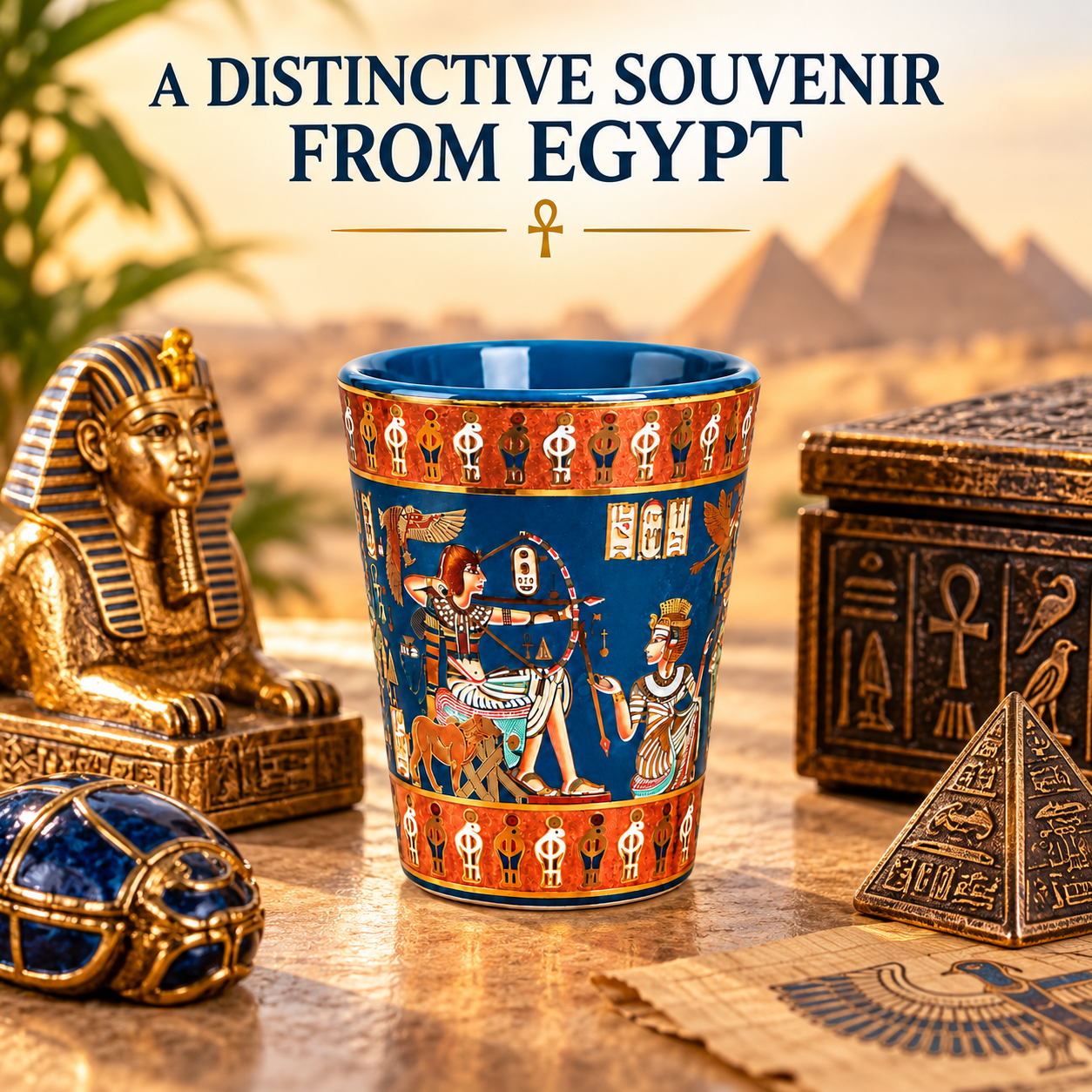 A blue and orange ceramic souvenir cup with Egyptian-themed illustrations and hieroglyphic patterns, displayed on a wooden surface alongside gold-toned Egyptian artifacts, with a blurred background of pyramids and the text 'A DISTINCTIVE SOUVENIR FROM EGYPT'.