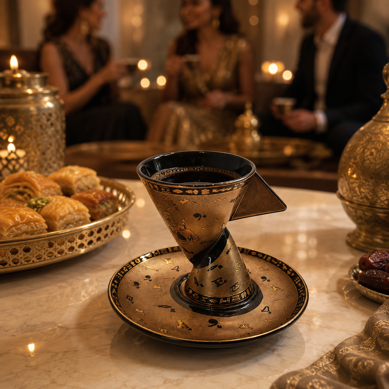 An ornate gold and black coffee cup with a matching saucer sits on a marble table in a warmly lit, elegant setting with blurred people and pastries in the background.