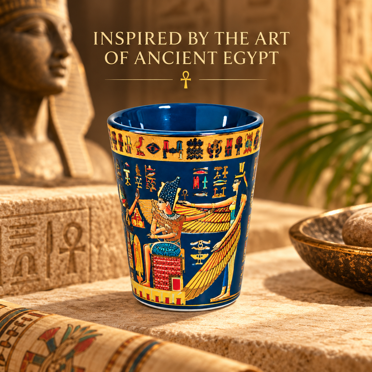 A blue ceramic cup with gold, red, and black hieroglyphic-style artwork, styled on a stone surface with ancient Egyptian props and text reading 'INSPIRED BY THE ART OF ANCIENT EGYPT'.