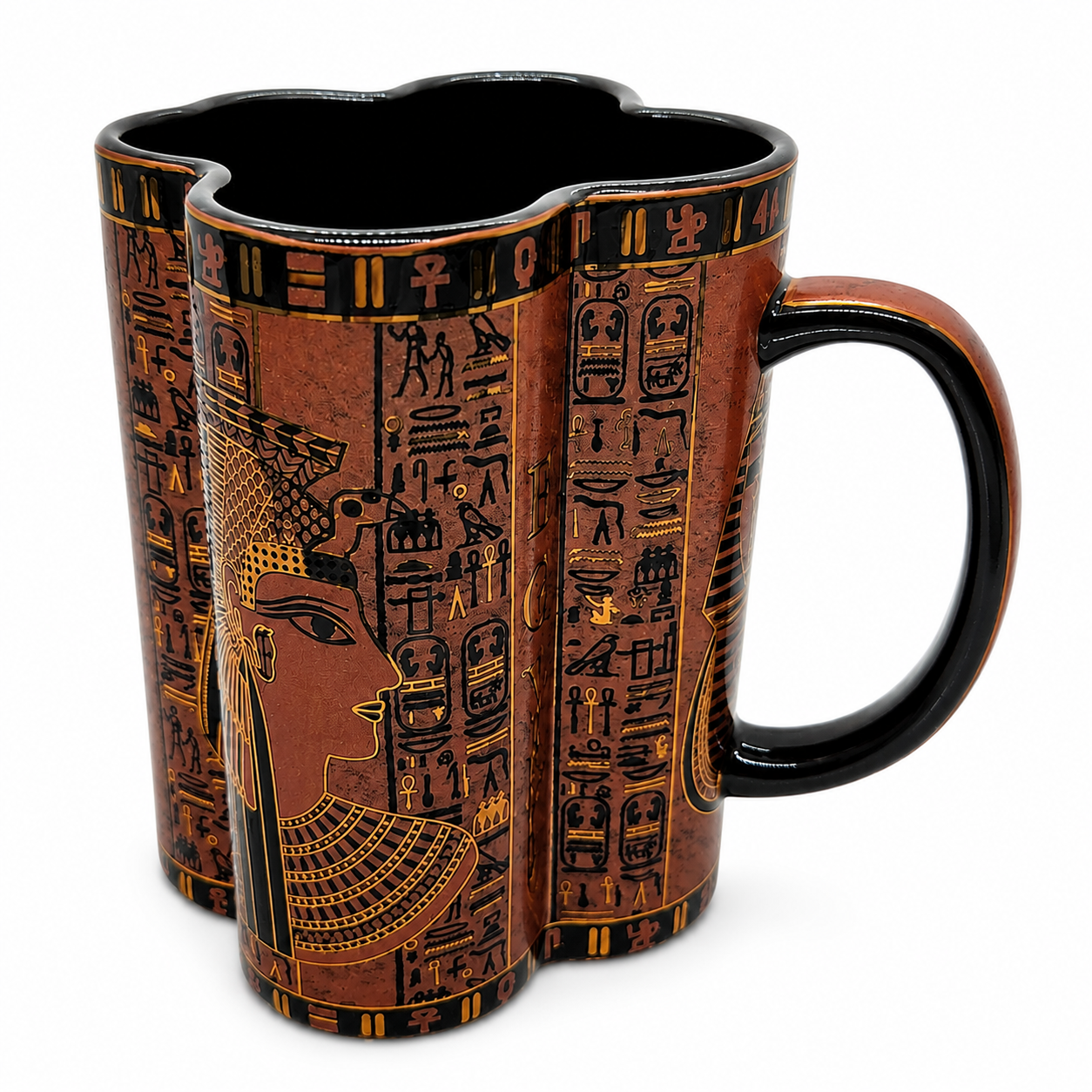 An Egyptian-themed ceramic mug featuring a terracotta brown body with black hieroglyphs and gold accents, shown on a white background.