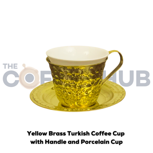 Al Ateeq Yellow Brass Turkish Coffee Cup with Handle and Porcelain Cup