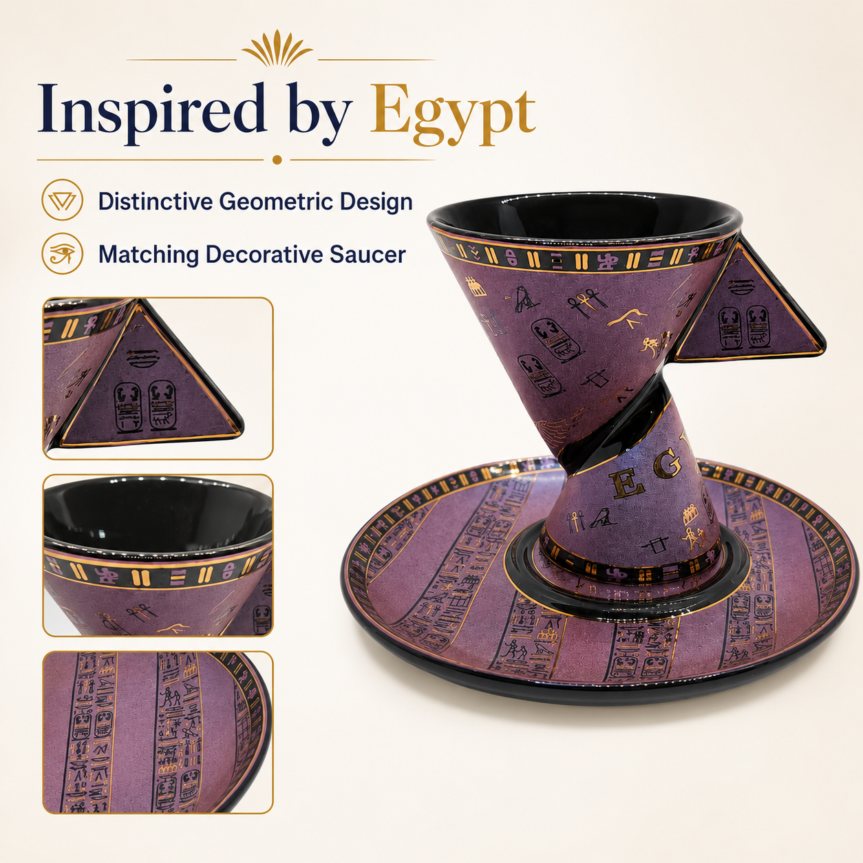 Egyptian-inspired ceramic coffee cup and saucer set with purple and gold hieroglyphic patterns, shown on a light beige background with feature callouts and detail insets.