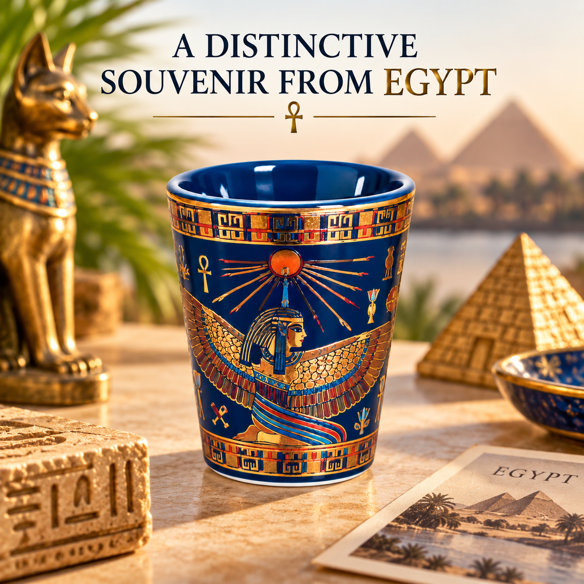 A decorative ceramic souvenir cup with an Egyptian design, featuring a dark blue background and gold, red, and white hieroglyphic artwork. The cup is displayed on a wooden surface with an Anubis statue, a pyramid, and a postcard in the background, under the text 'A DISTINCTIVE Souvenir FROM EGYPT'.