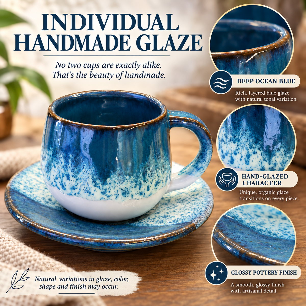 A handmade ceramic teacup and saucer set with a deep blue and white speckled glaze, shown on a wooden table with marketing text and circular detail callouts about the glaze finish.