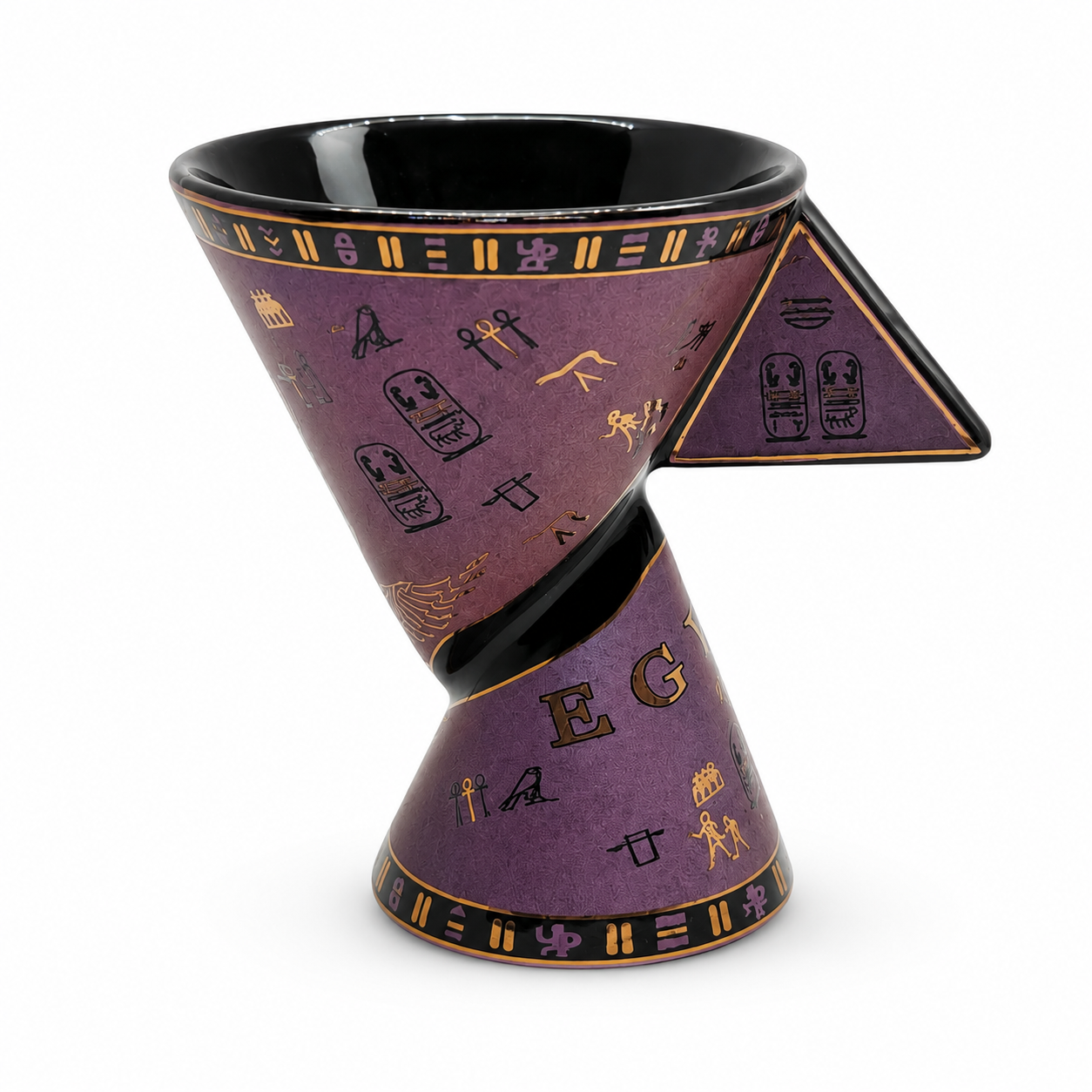 A purple and black ceramic Egyptian-themed cup with gold hieroglyphic details, featuring a spiral twist design and a triangular handle, shown on a white background.