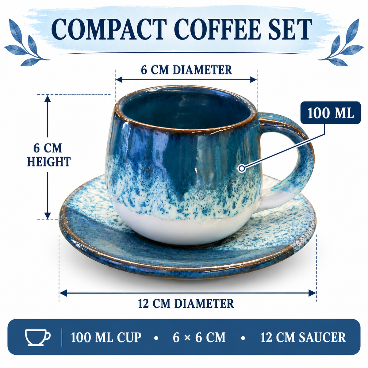 A ceramic compact coffee set with a 100 ml cup and saucer, shown with dimension labels indicating 6 cm diameter, 6 cm height, and 12 cm saucer diameter on a white background.