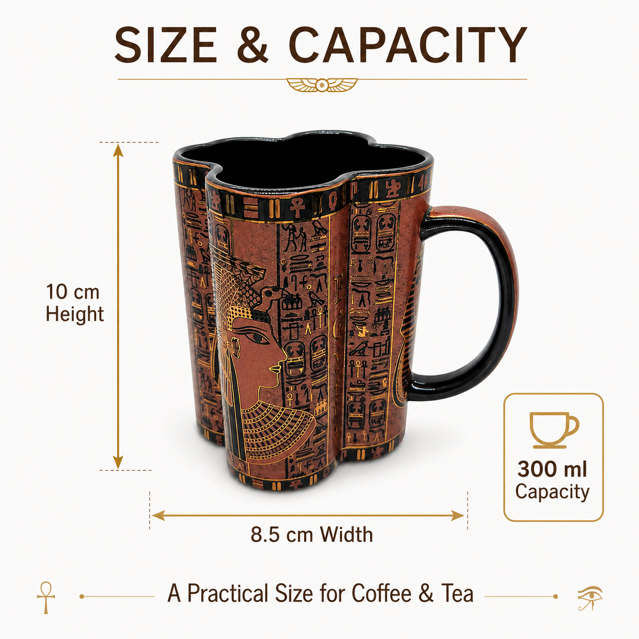 A ceramic mug with an ancient Egyptian design, shown with dimension lines indicating a height of 10 cm, width of 8.5 cm, and 300 ml capacity, under the heading 'SIZE & CAPACITY'.