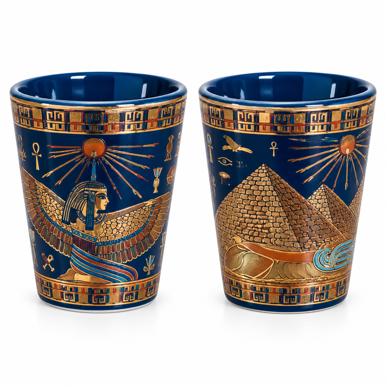 Two blue ceramic shot glasses with gold and brown Egyptian-themed illustrations, including a winged scarab beetle, sun rays, hieroglyphs, and pyramids, shown on a white background.