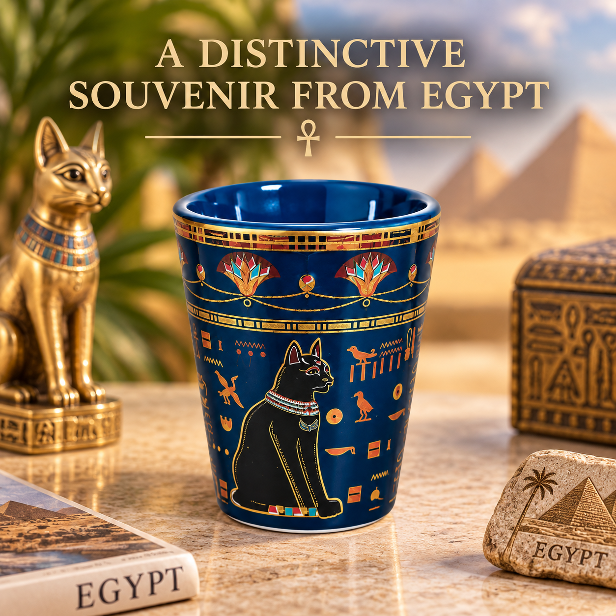 A blue ceramic souvenir cup with gold and black Egyptian motifs, including a black cat and hieroglyphs, displayed on a stone surface with Egypt-themed props and a blurred pyramid background. Text at the top reads 'A DISTINCTIVE Souvenir FROM EGYPT'.