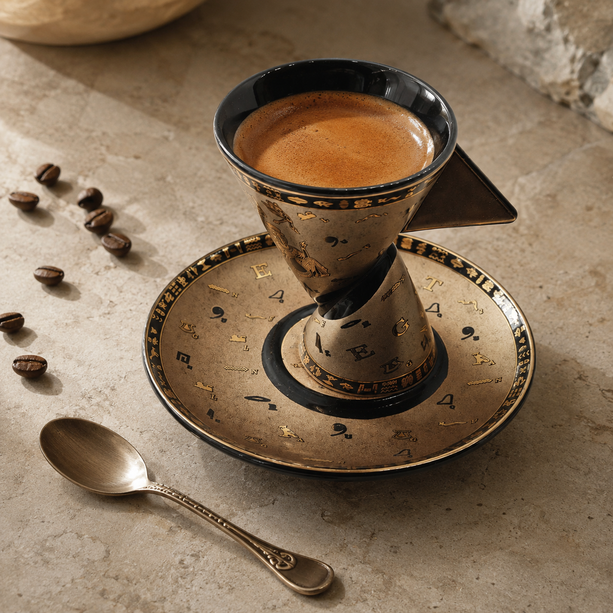 A decorative ceramic coffee cup with a conical shape and matching saucer, filled with espresso, styled on a stone surface with scattered coffee beans and a spoon.