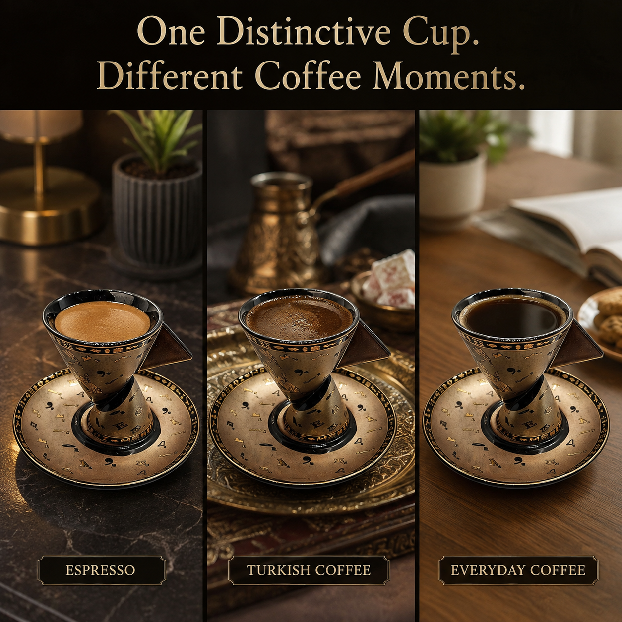 Three coffee cups with matching saucers shown in a three-panel lifestyle scene under the headline 'One Distinctive Cup. Different Coffee Moments.