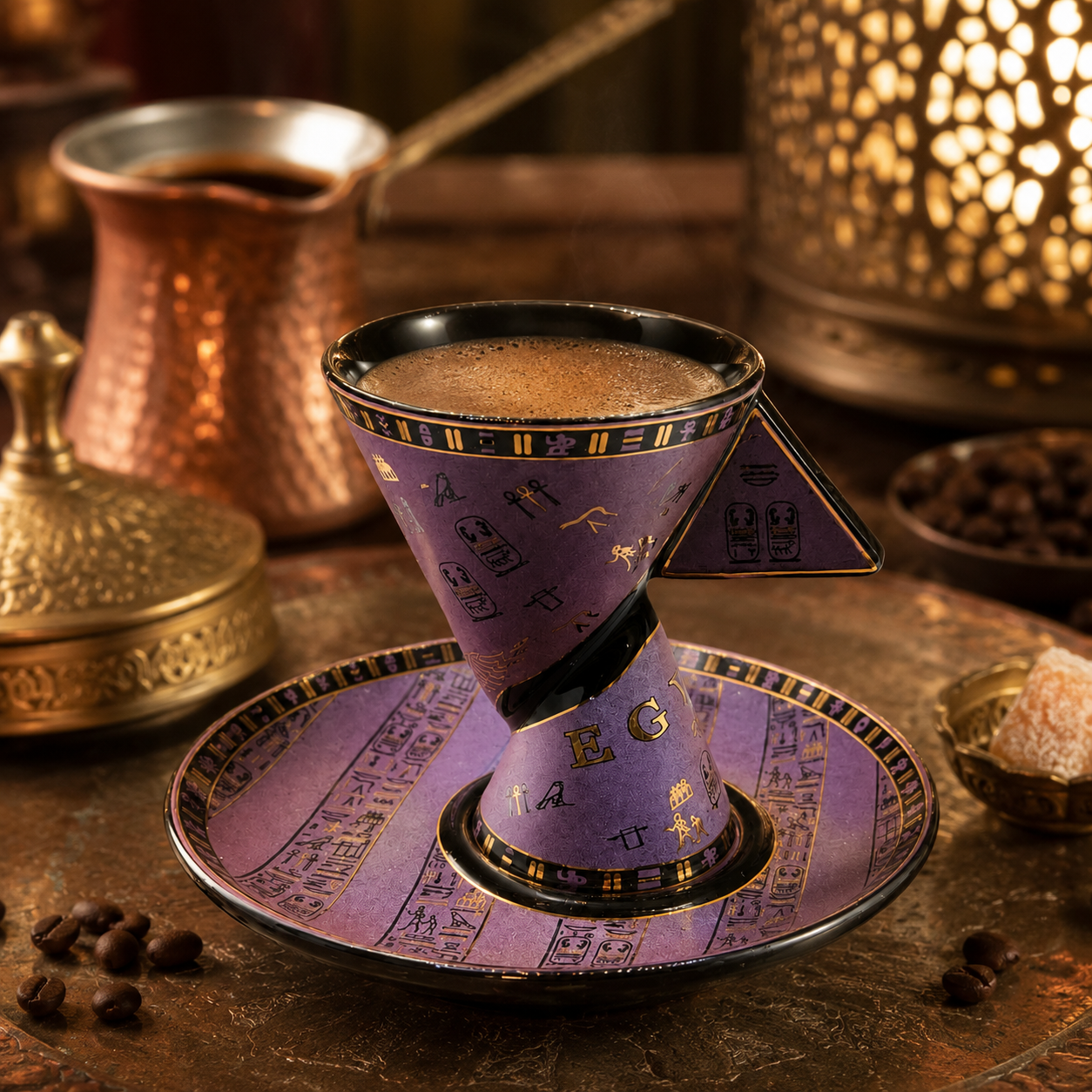 A purple and gold Arabic coffee cup filled with brewed coffee sits on a matching saucer on a rustic wooden table, surrounded by coffee beans, a copper cezve, and brass lanterns in warm ambient lighting.
