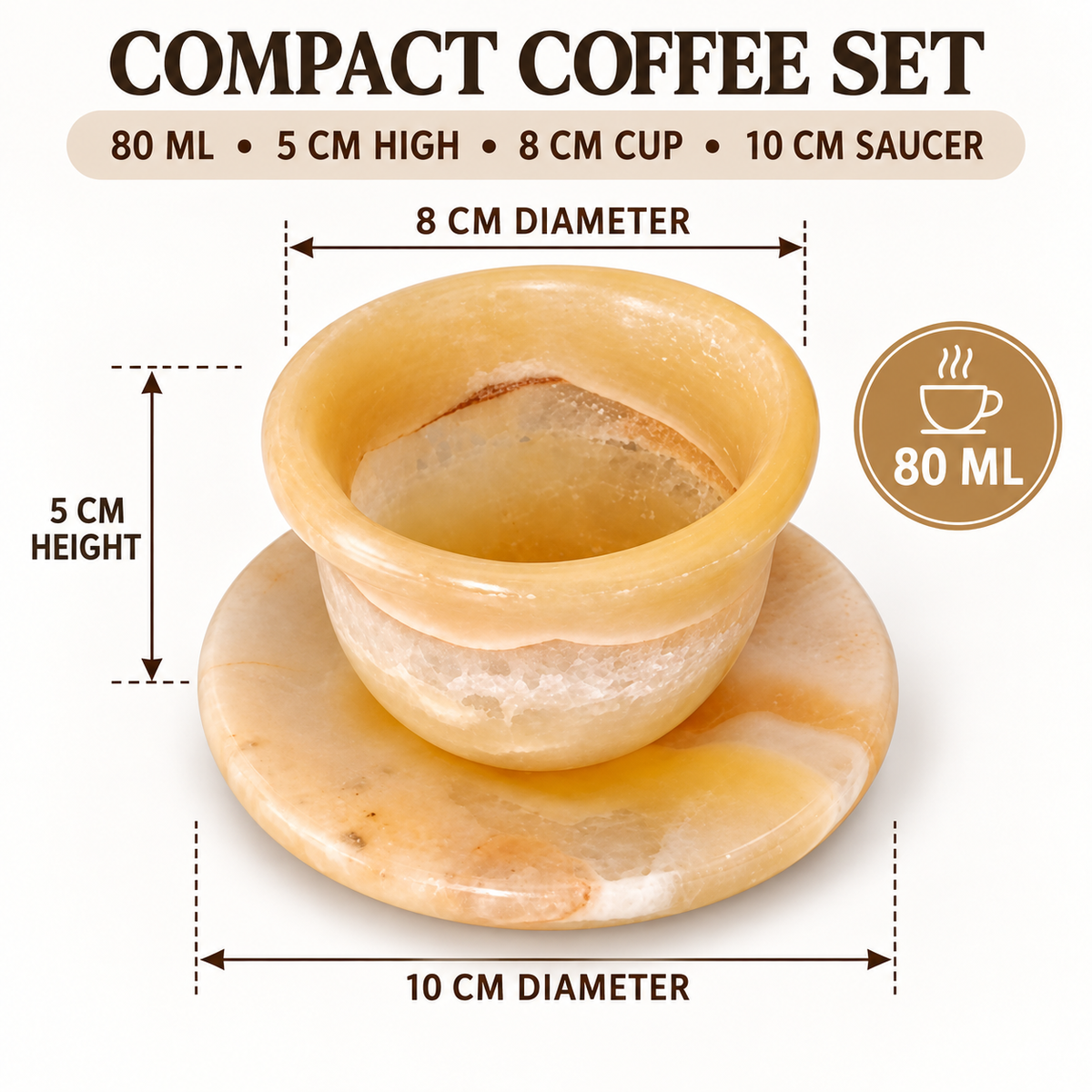 A compact coffee set made of polished stone, shown with overlaid dimension labels indicating 8 cm diameter, 5 cm height, and 10 cm saucer diameter, plus text noting 80 ml capacity and a coffee cup icon.