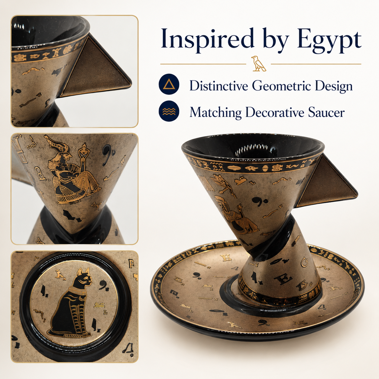 Egypt-inspired ceramic coffee set featuring a conical cup and matching saucer with black and gold ancient Egyptian motifs, shown alongside three detail close-ups and text highlighting its distinctive geometric design and decorative saucer.