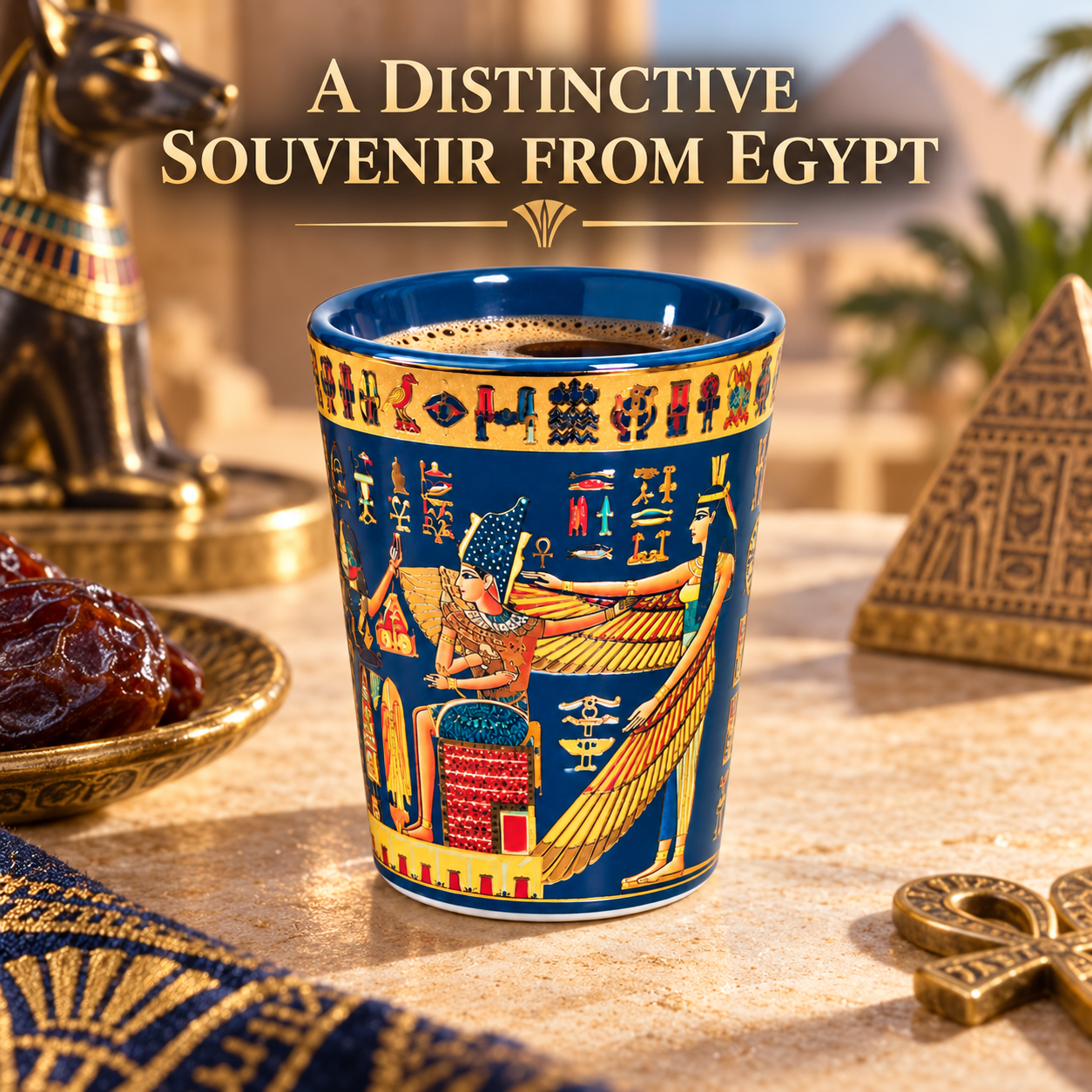 A blue ceramic souvenir cup with gold and multicolor Egyptian hieroglyphic artwork, set on a stone surface with Egyptian-themed props including a gold ankh, a date, a pyramid, and a bust, under the text 'A DISTINCTIVE SOUVENIR FROM EGYPT'.