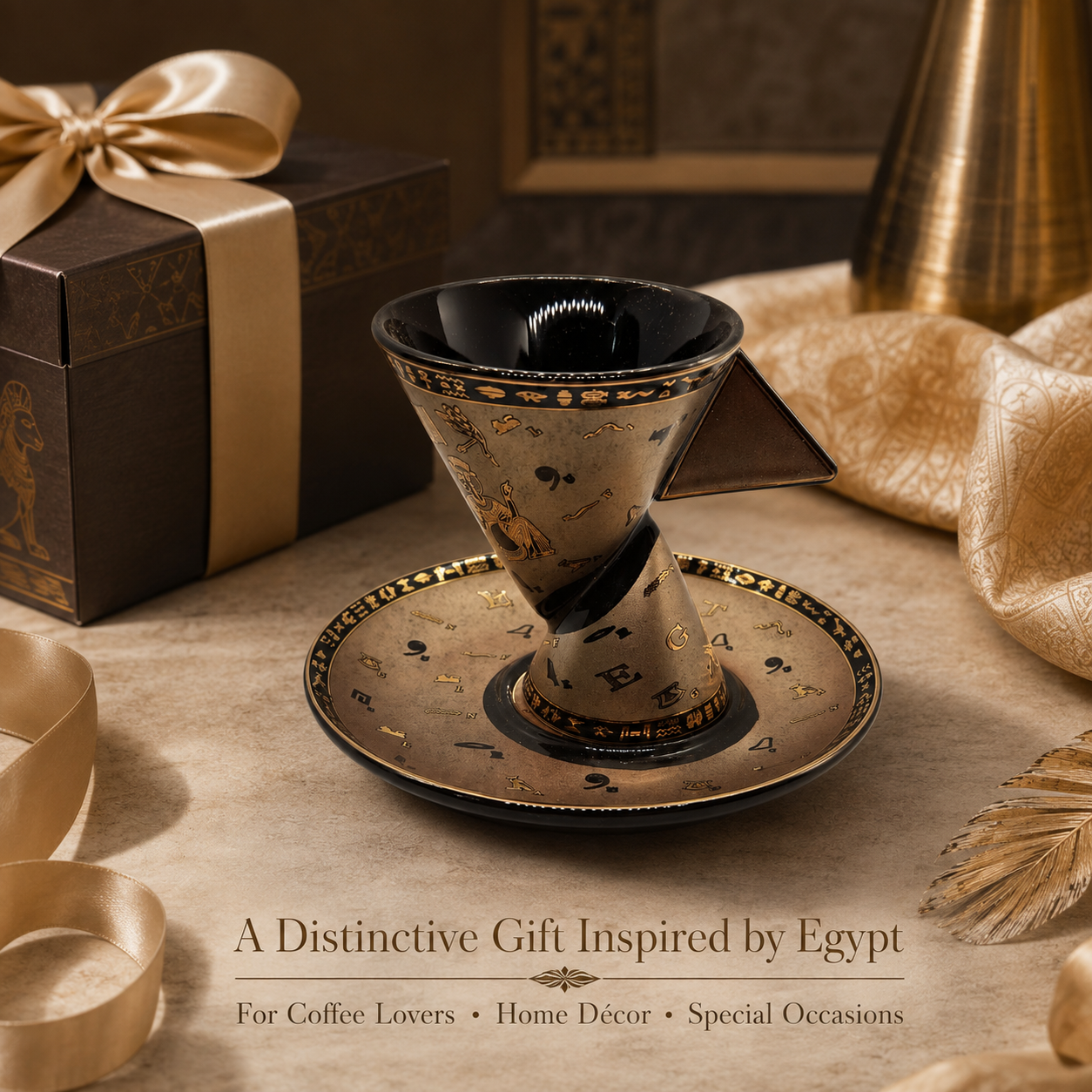 A decorative coffee cup and matching saucer set in a warm, elegant setting. The set features a metallic gold and black color scheme with intricate Egyptian-inspired motifs, including a cartouche and hieroglyphic symbols.